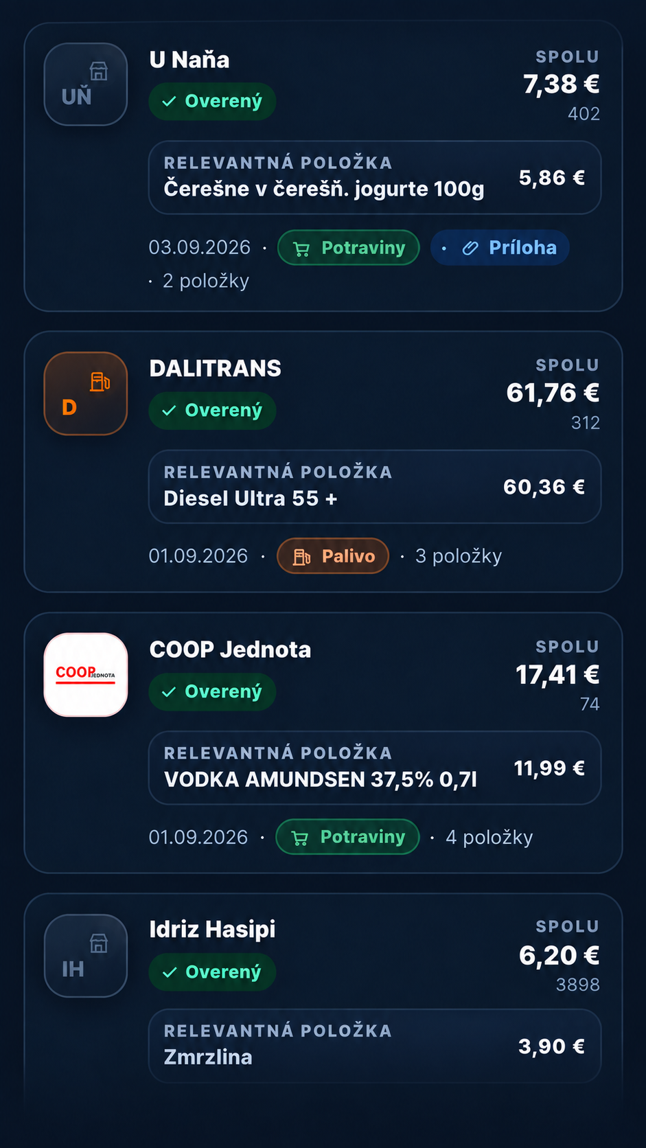 Štyri bločky v tmavom zozname aplikácie Blockator s obchodmi, položkami a skutočnými sumami.